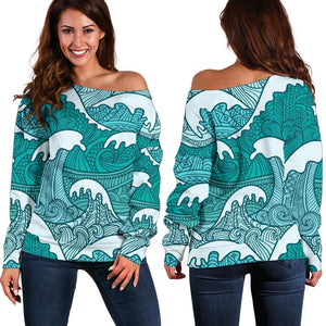 Surfing Wave Pattern Print Off Shoulder Sweatshirt GearFrost