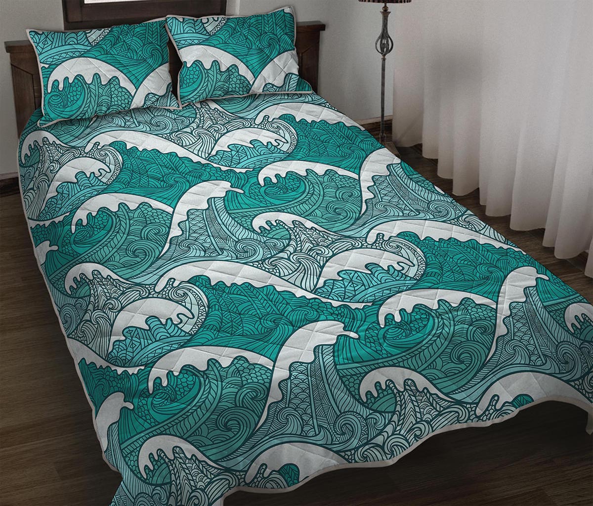 Surfing Wave Pattern Print Quilt Bed Set