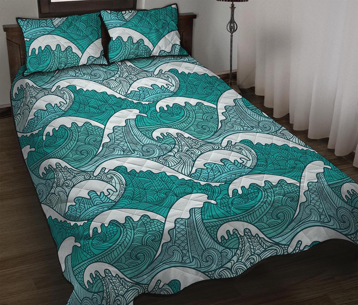 Surfing Wave Pattern Print Quilt Bed Set