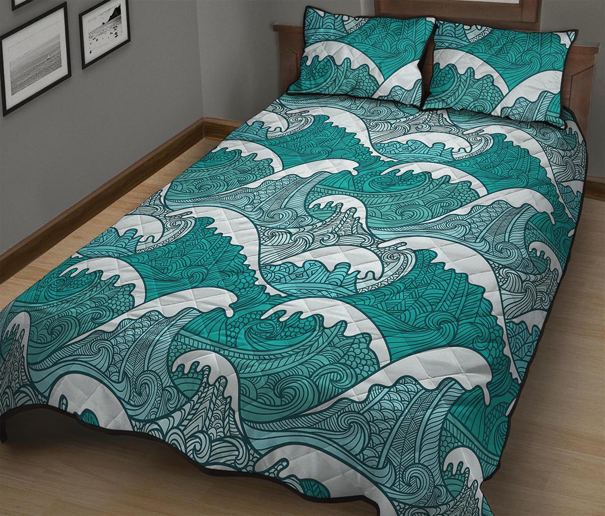 Surfing Wave Pattern Print Quilt Bed Set
