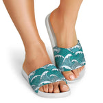 Surfing Wave Pattern Print White Slide Sandals