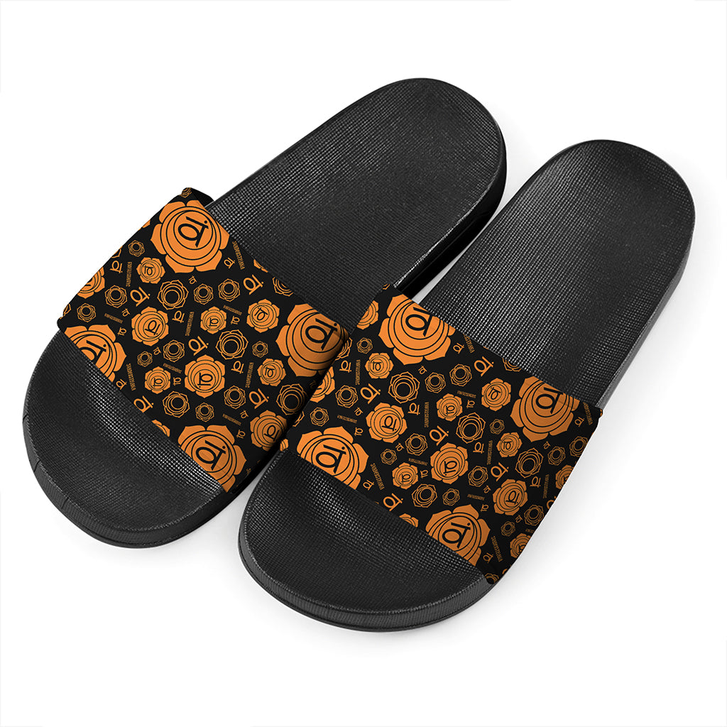 Swadhisthana Chakra Pattern Print Black Slide Sandals