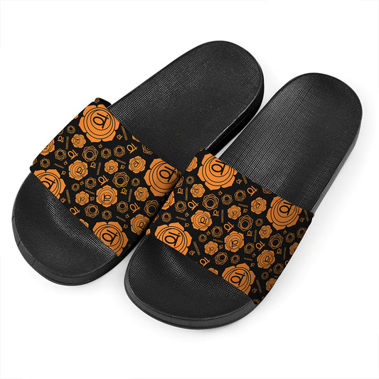 Swadhisthana Chakra Pattern Print Black Slide Sandals