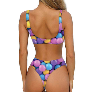 Sweet Candy Ball Pattern Print Front Bow Tie Bikini