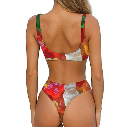 Sweet Gummy Bear Print Front Bow Tie Bikini