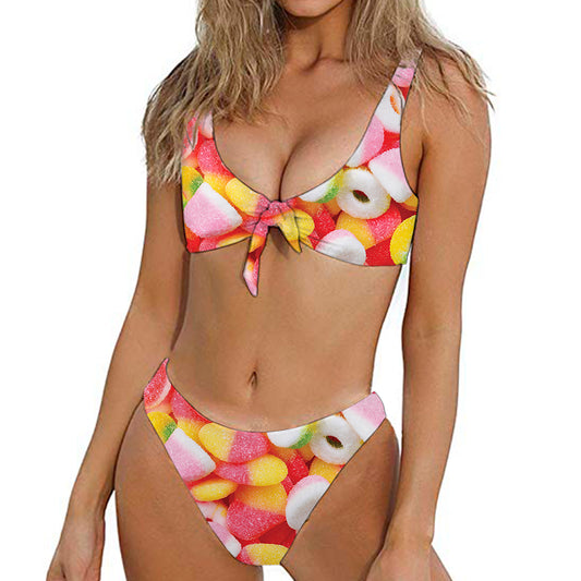 Sweet Gummy Print Front Bow Tie Bikini