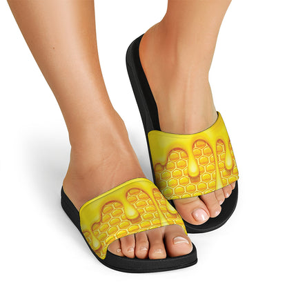 Sweet Honey Bee Hive Print Black Slide Sandals