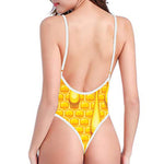 Sweet Honey Bee Hive Print One Piece High Cut Swimsuit