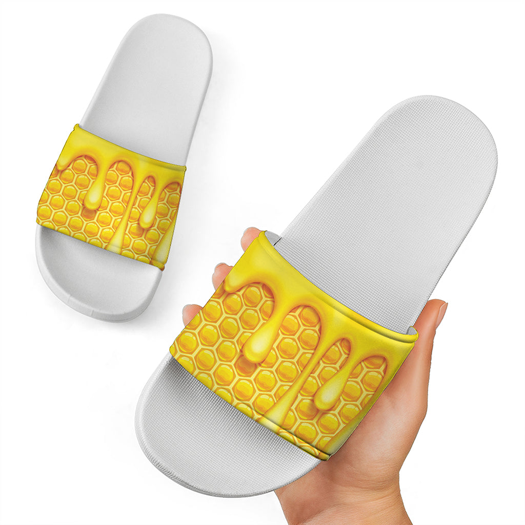 Sweet Honey Bee Hive Print White Slide Sandals
