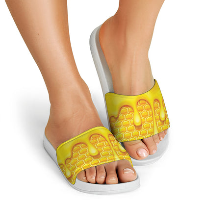 Sweet Honey Bee Hive Print White Slide Sandals