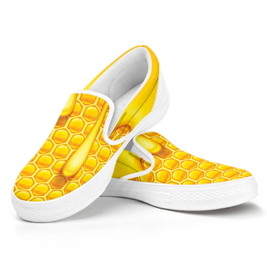 Sweet Honey Bee Hive Print White Slip On Shoes