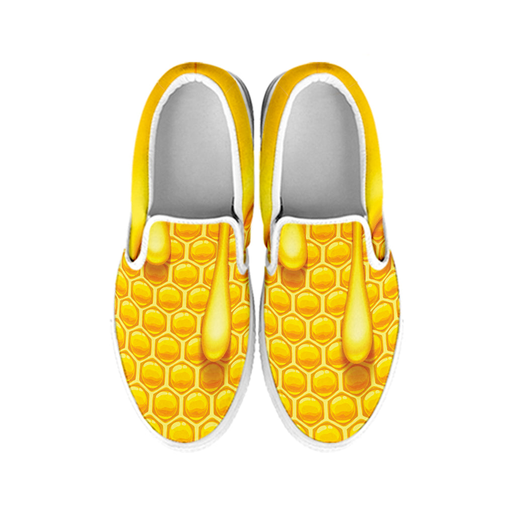 Sweet Honey Bee Hive Print White Slip On Shoes