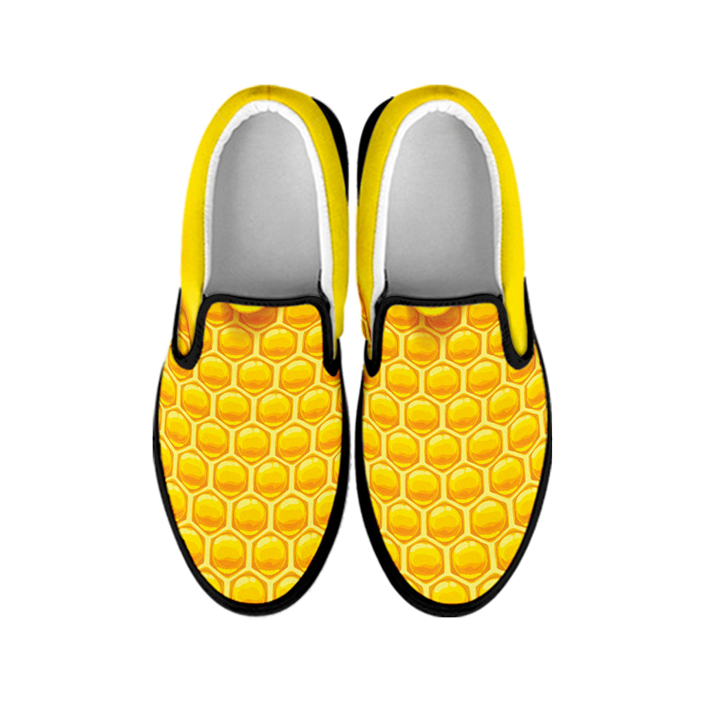 Sweet Honey Honeycomb Print Black Slip On Shoes