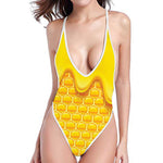 Sweet Honey Honeycomb Print One Piece High Cut Swimsuit