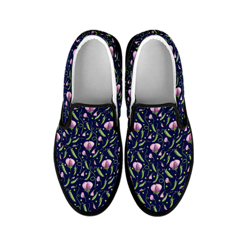 Sweet Pea Floral Pattern Print Black Slip On Shoes