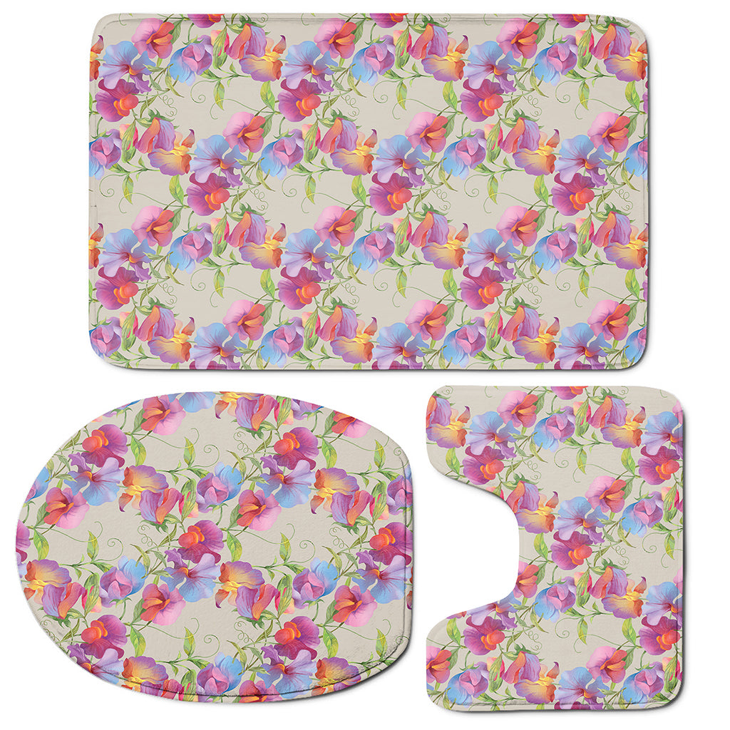 Sweet Pea Flower Pattern Print 3 Piece Bath Mat Set