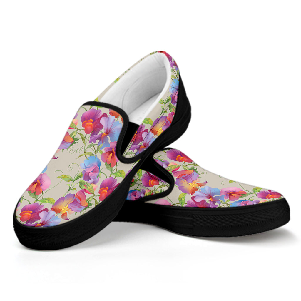 Sweet Pea Flower Pattern Print Black Slip On Shoes