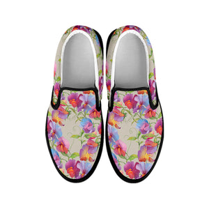 Sweet Pea Flower Pattern Print Black Slip On Shoes