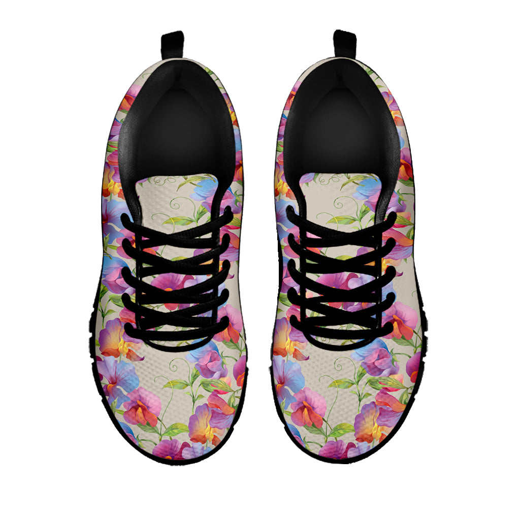 Sweet Pea Flower Pattern Print Black Sneakers