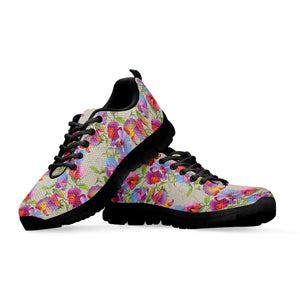 Sweet Pea Flower Pattern Print Black Sneakers