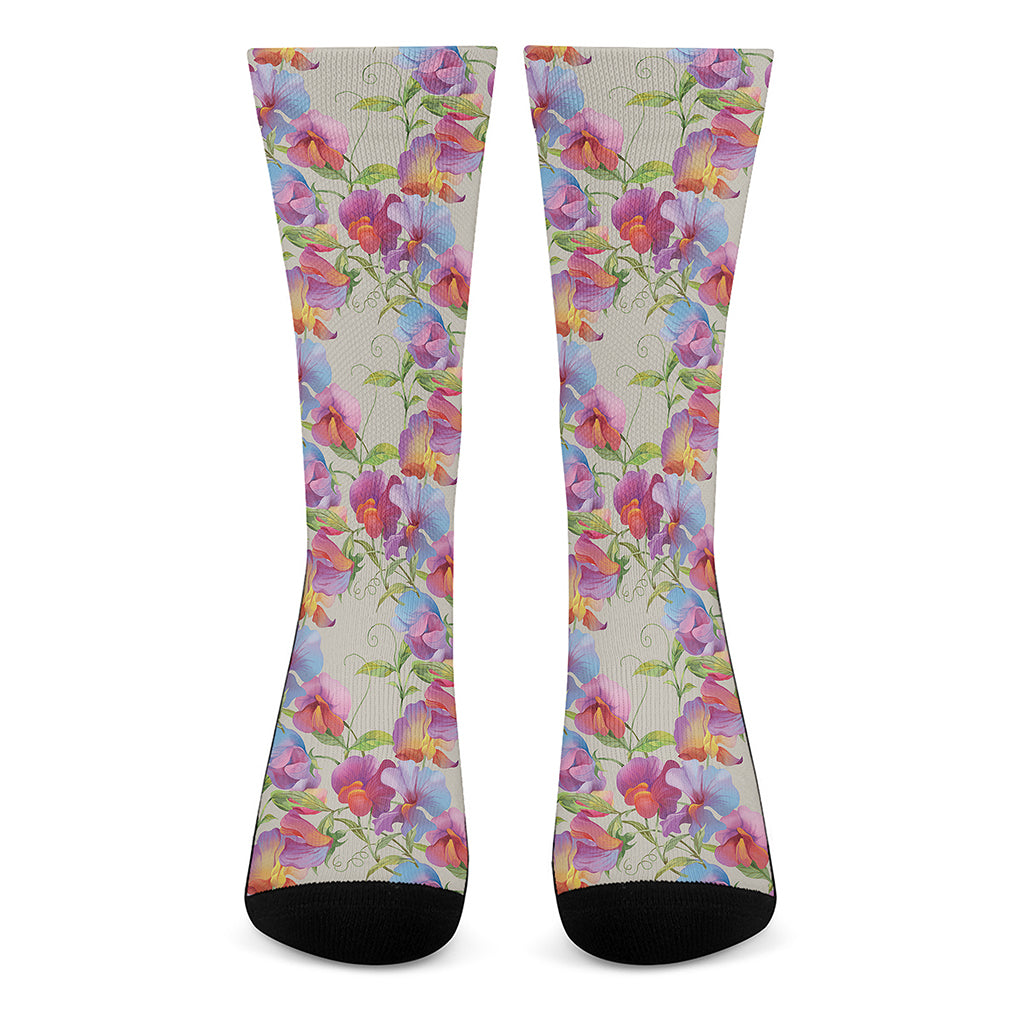 Sweet Pea Flower Pattern Print Crew Socks