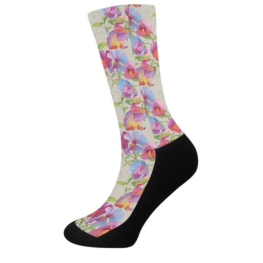 Sweet Pea Flower Pattern Print Crew Socks