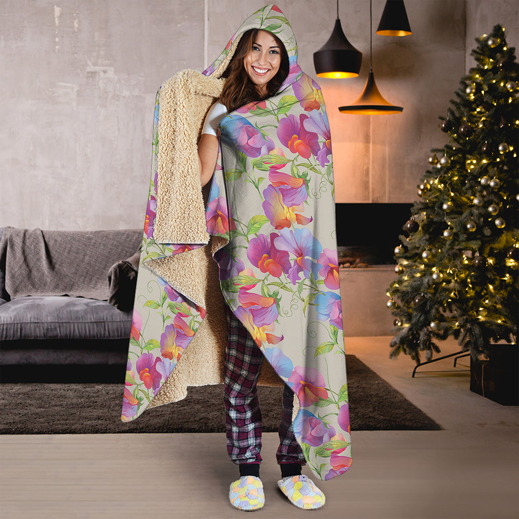 Sweet Pea Flower Pattern Print Hooded Blanket