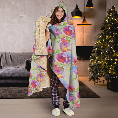 Sweet Pea Flower Pattern Print Hooded Blanket