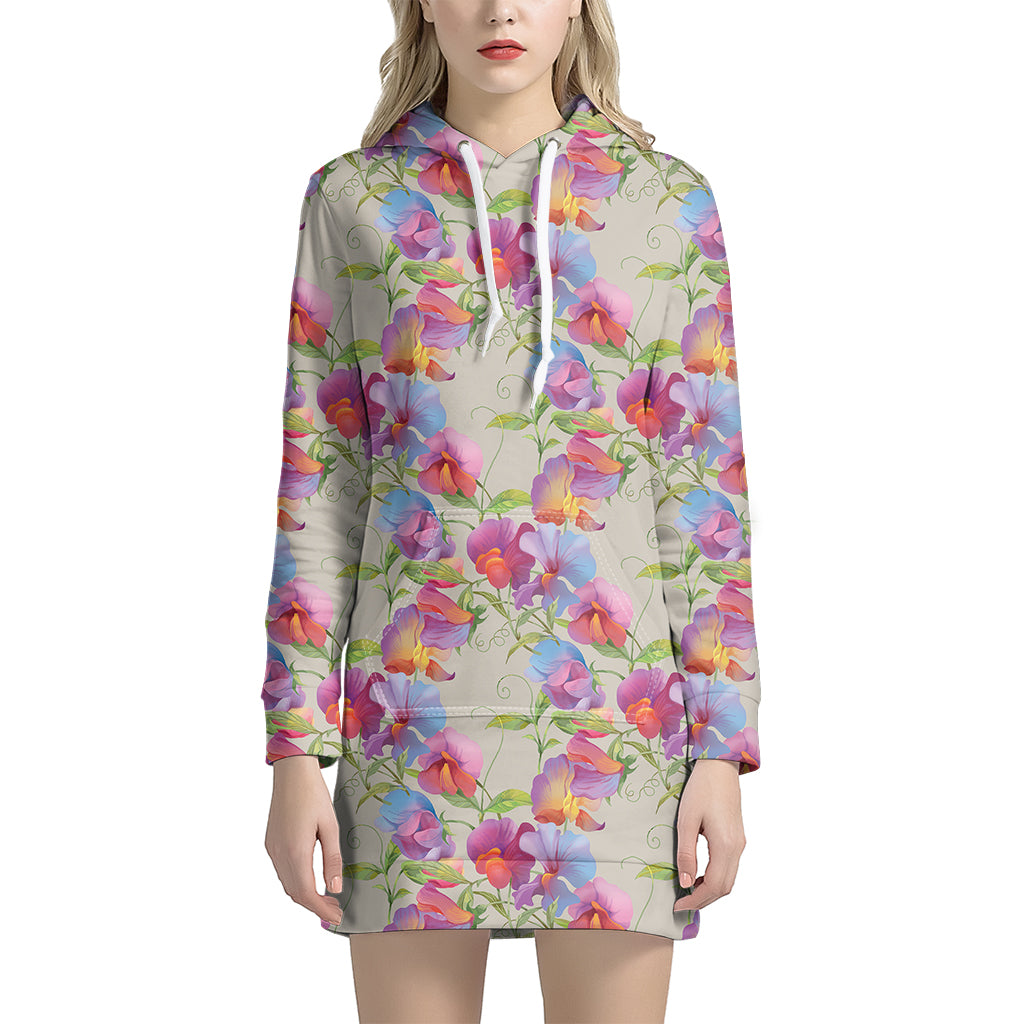 Sweet Pea Flower Pattern Print Hoodie Dress