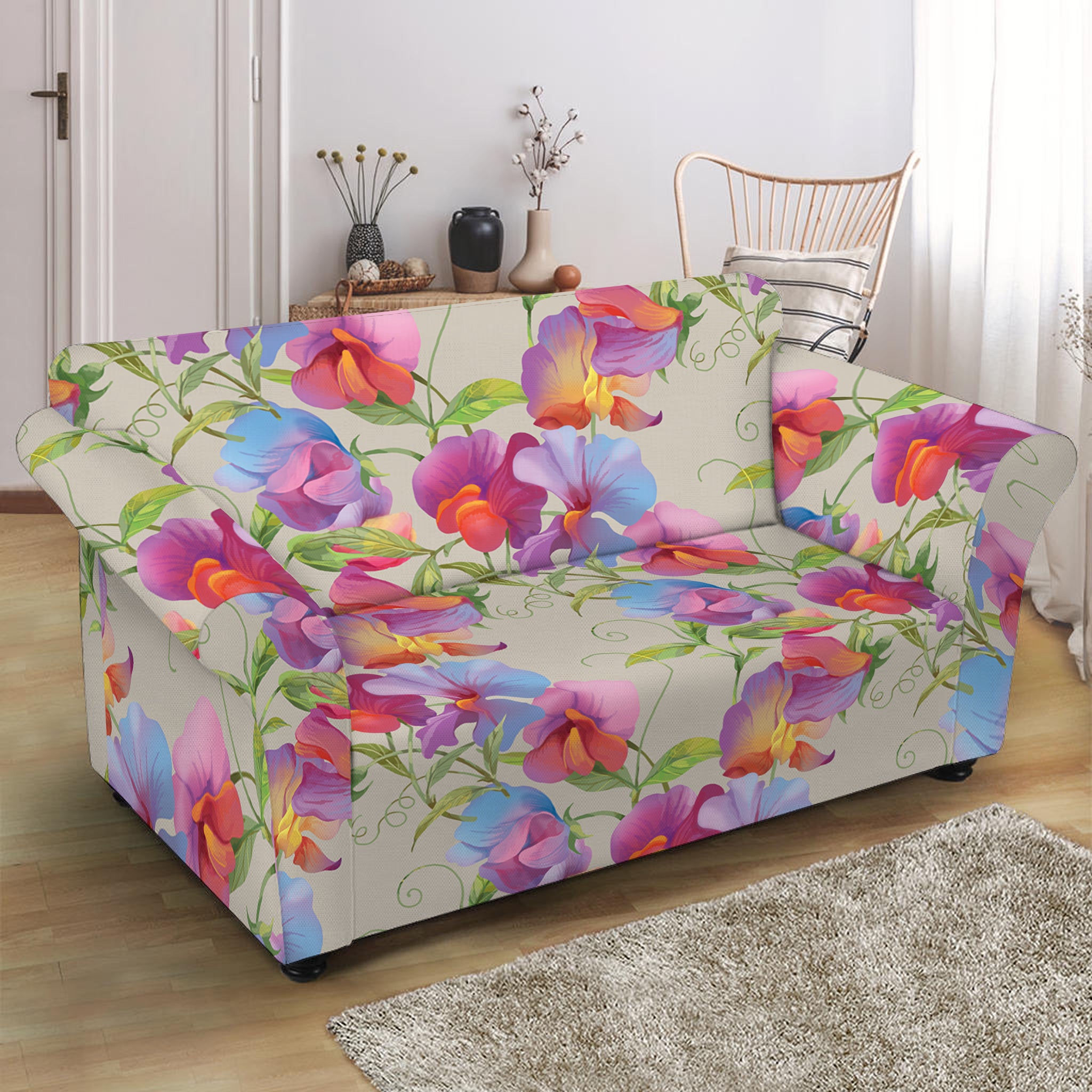 Sweet Pea Flower Pattern Print Loveseat Slipcover