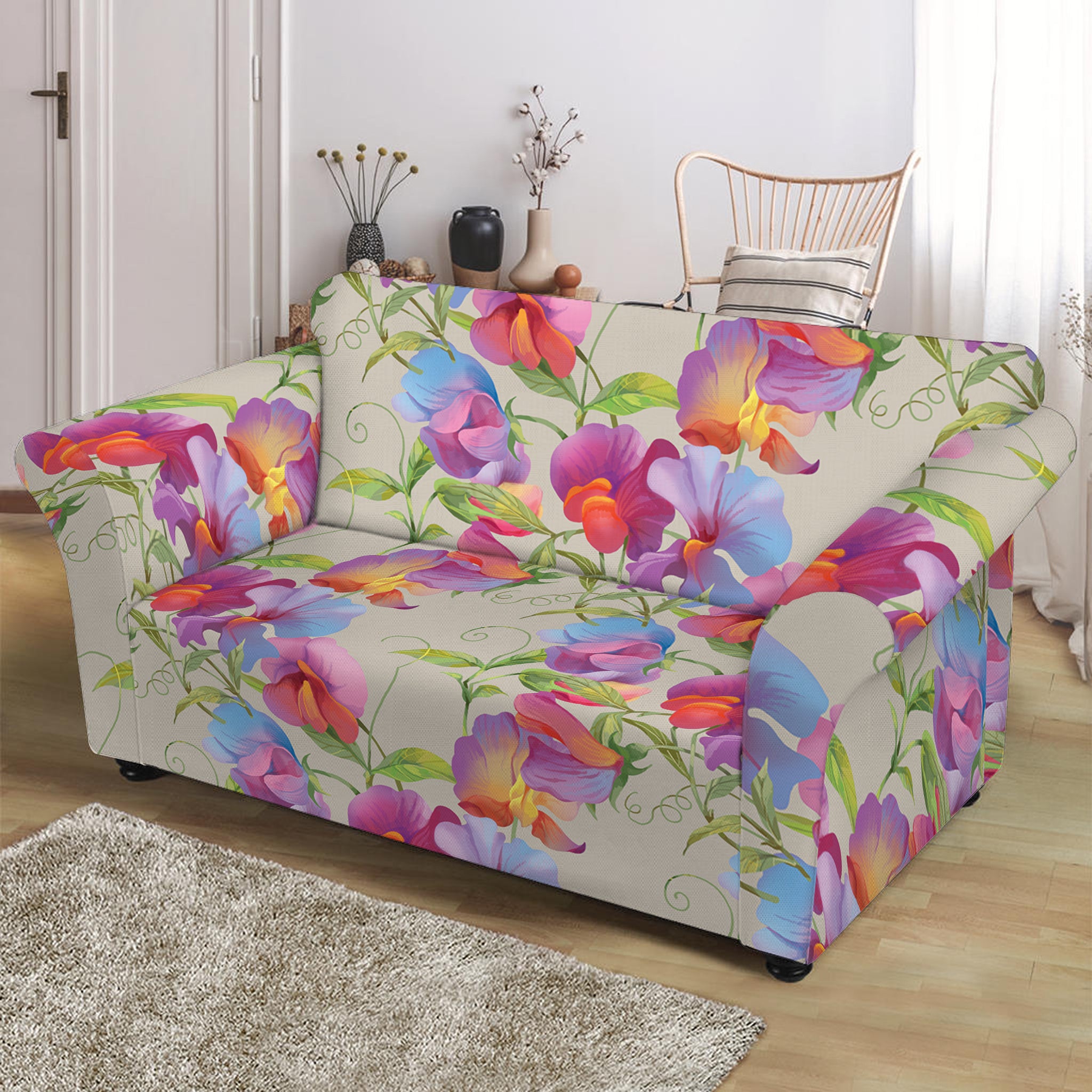 Sweet Pea Flower Pattern Print Loveseat Slipcover