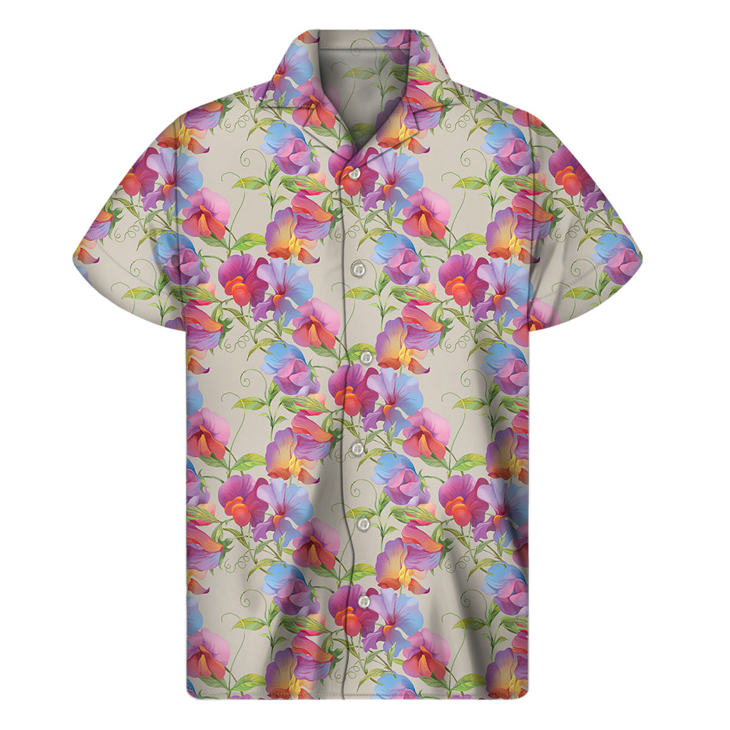 Sweet Pea Flower Pattern Print Men's Short Sleeve Shirt