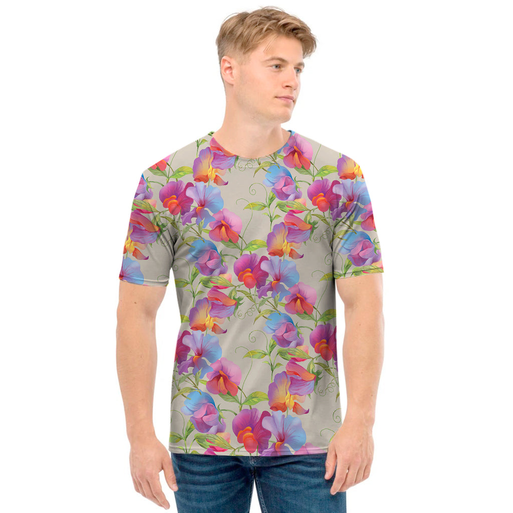 Sweet Pea Flower Pattern Print Men's T-Shirt