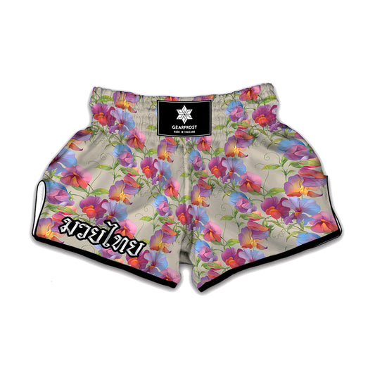 Sweet Pea Flower Pattern Print Muay Thai Boxing Shorts