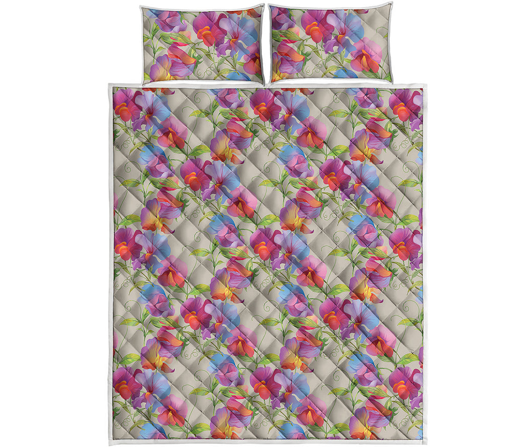 Sweet Pea Flower Pattern Print Quilt Bed Set