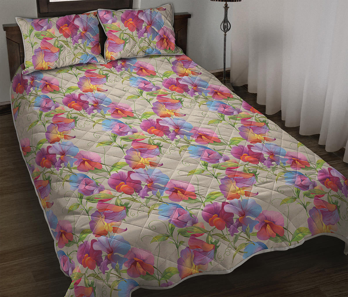 Sweet Pea Flower Pattern Print Quilt Bed Set