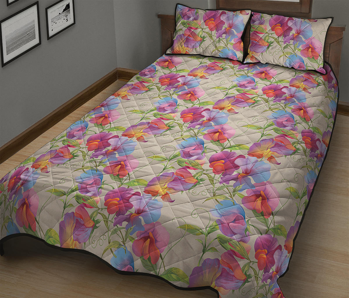 Sweet Pea Flower Pattern Print Quilt Bed Set