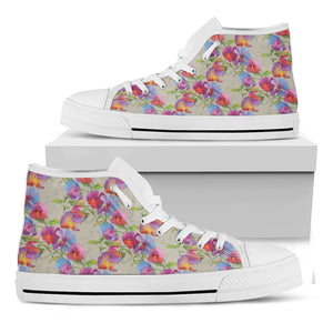 Sweet Pea Flower Pattern Print White High Top Shoes