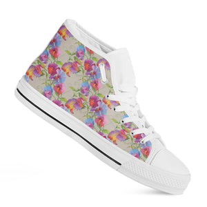 Sweet Pea Flower Pattern Print White High Top Shoes