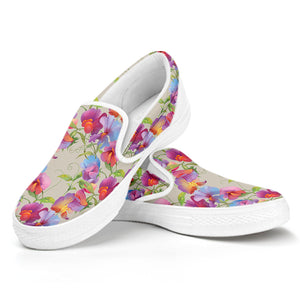 Sweet Pea Flower Pattern Print White Slip On Shoes