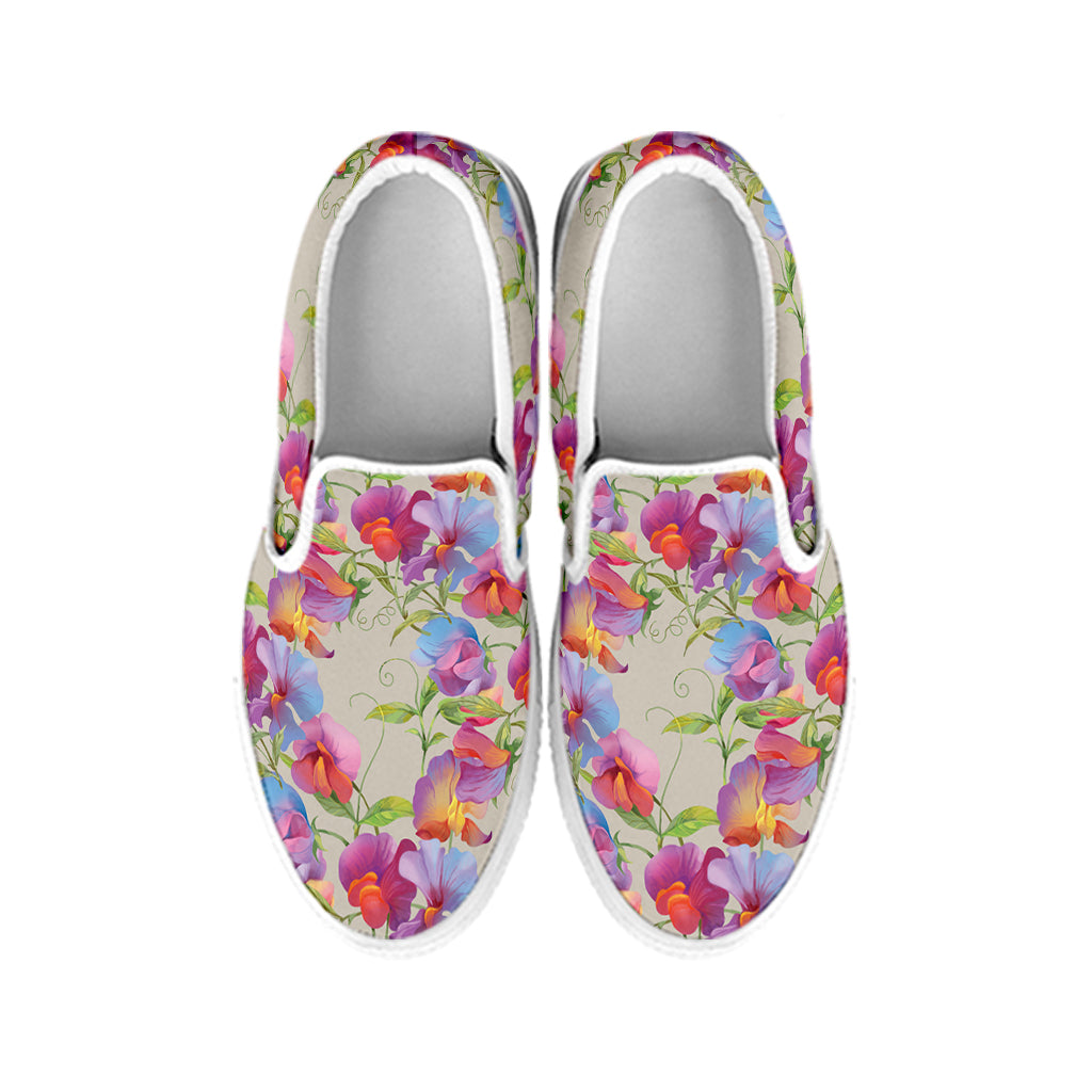 Sweet Pea Flower Pattern Print White Slip On Shoes