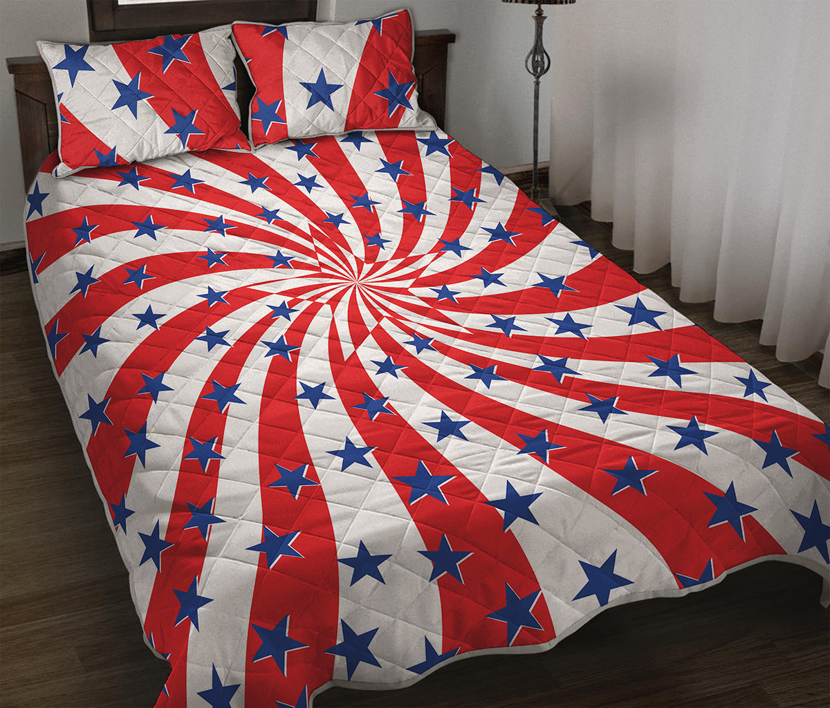 Swirl American Patriotic Star Print Quilt Bed Set