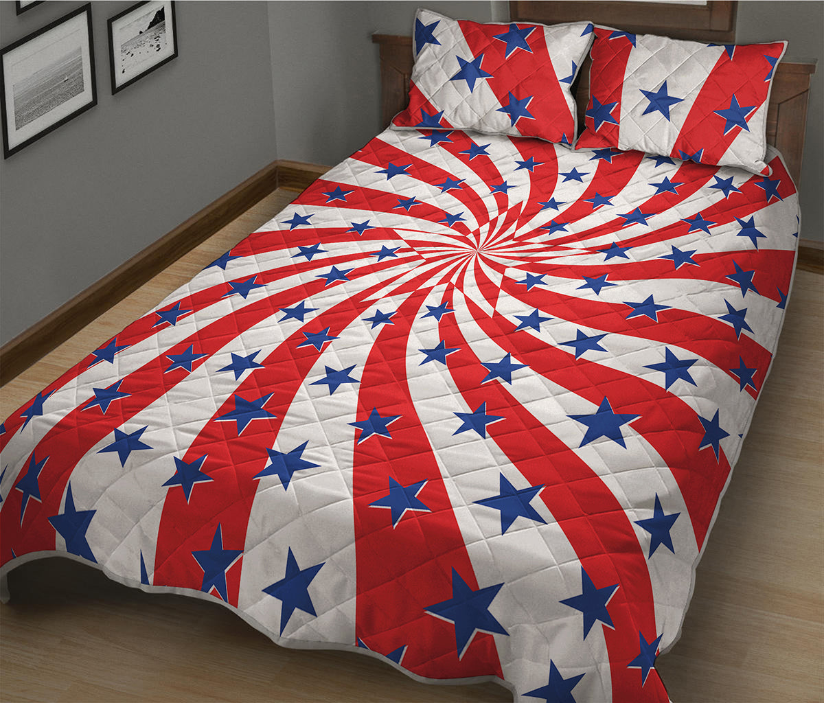 Swirl American Patriotic Star Print Quilt Bed Set