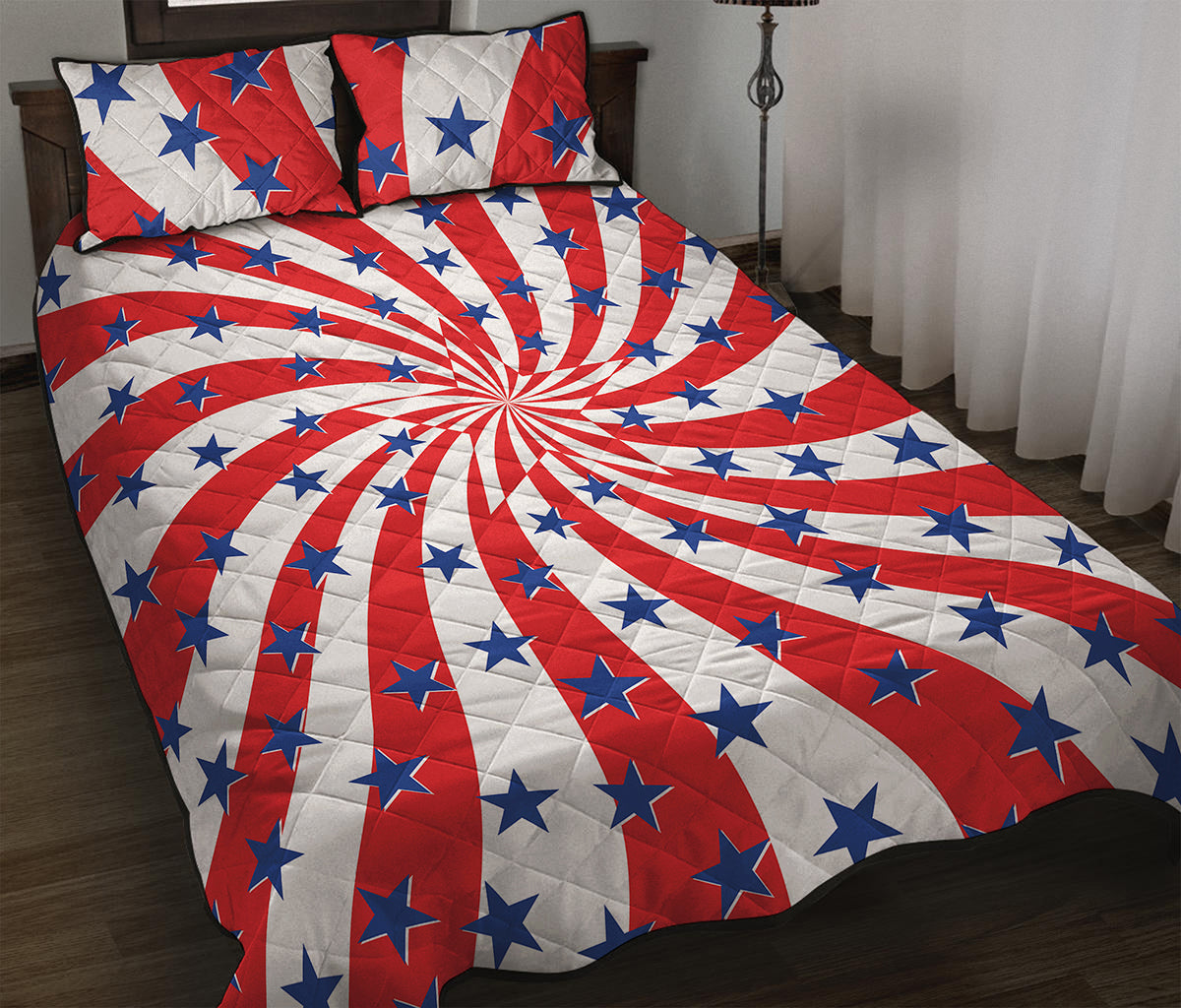 Swirl American Patriotic Star Print Quilt Bed Set