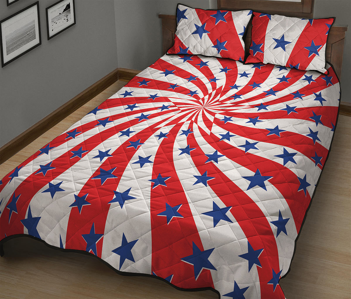 Swirl American Patriotic Star Print Quilt Bed Set