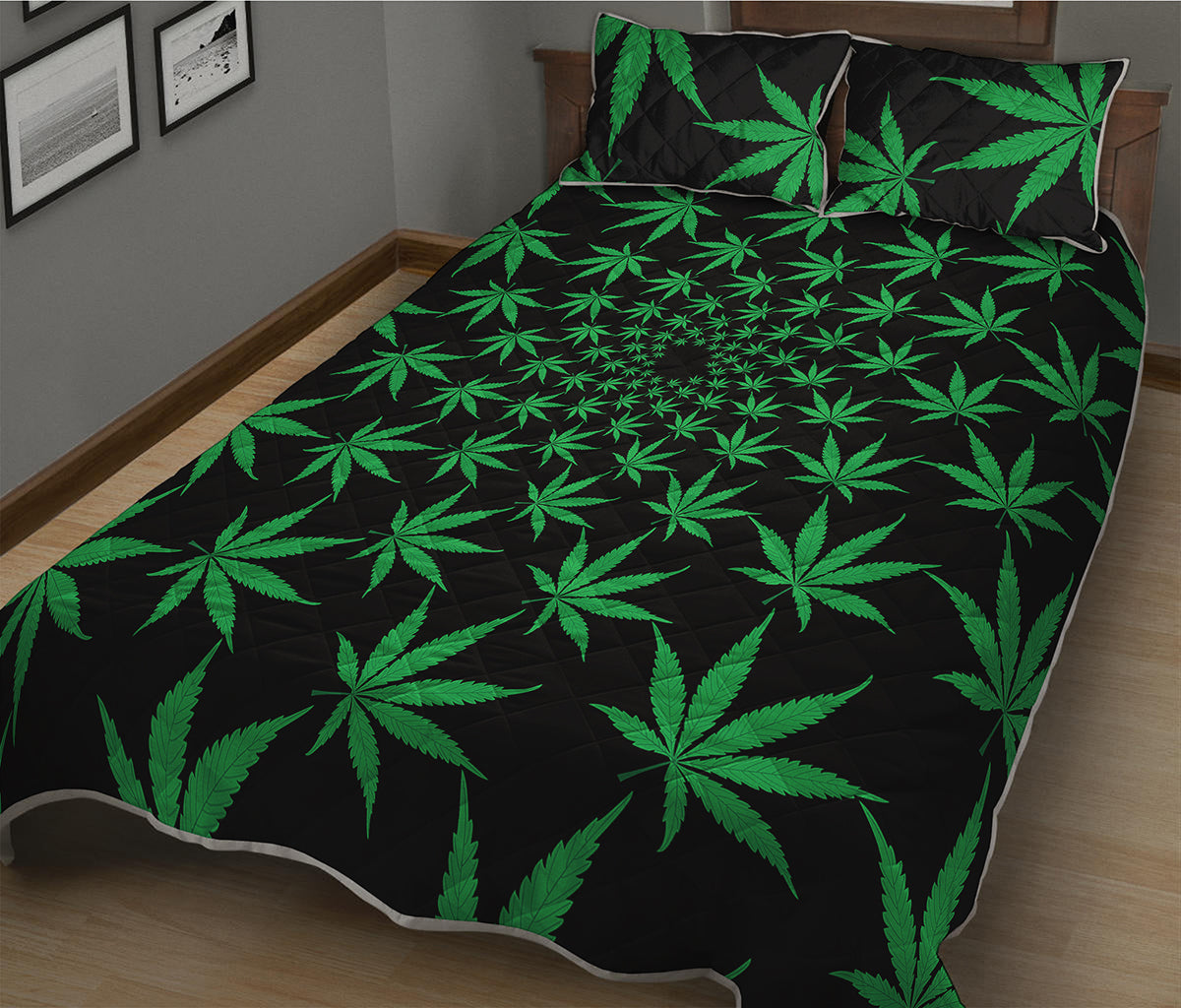 Swirl Cannabis Leaf Print Quilt Bed Set