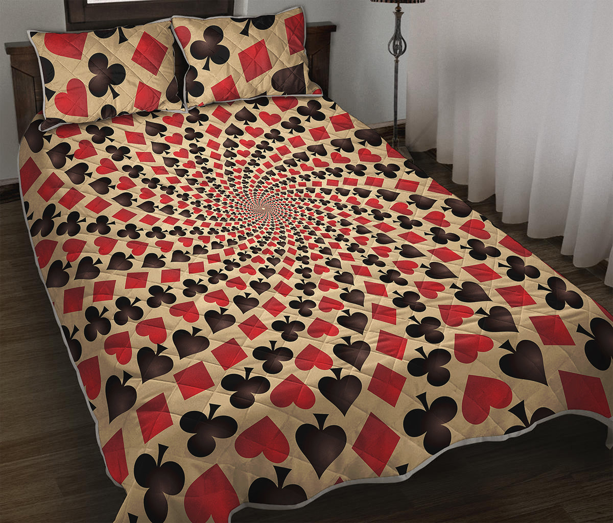 Swirl Playing Card Suits Print Quilt Bed Set