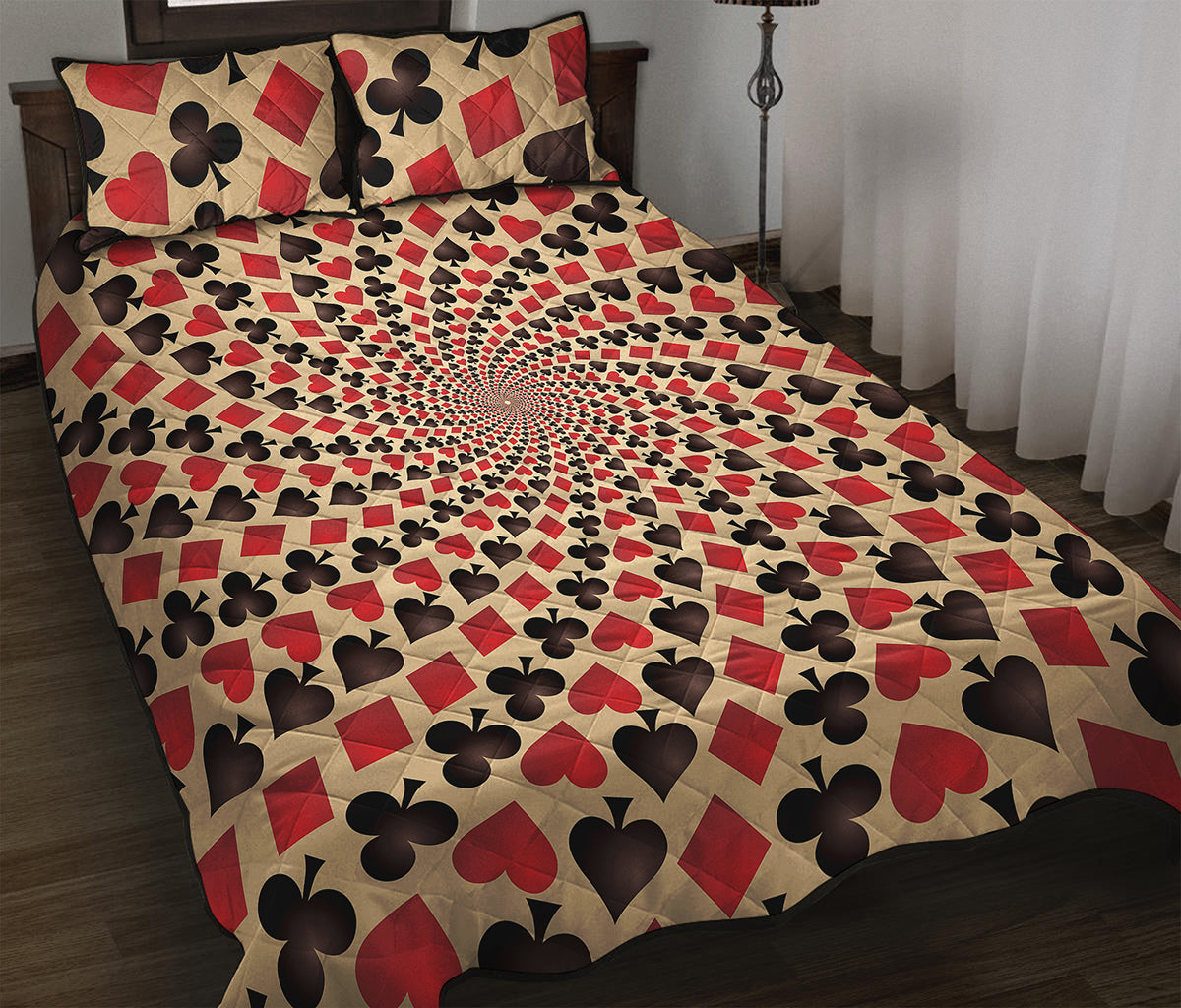 Swirl Playing Card Suits Print Quilt Bed Set