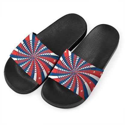 Swirly American Patriotic Print Black Slide Sandals