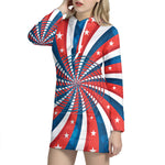 Swirly American Patriotic Print Hoodie Dress